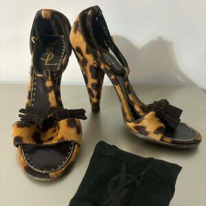 YSL Leopard Calf Hair Peep-Toe Heels with Leather Tassels